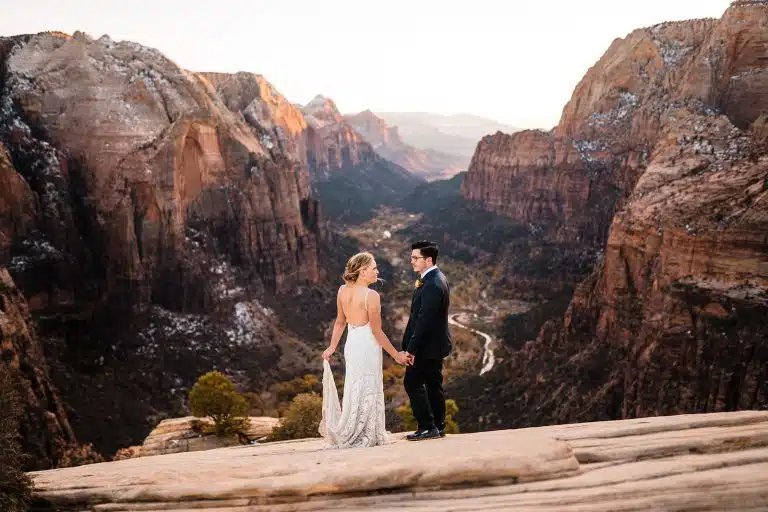 couple eloping in zion national park overlooking zion canyon